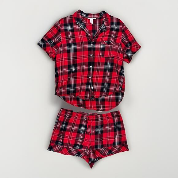 Victoria’s Secret Plaid Pajama Set Top & Shorts Red Black L Cozy Holiday Prep - Picture 1 of 13